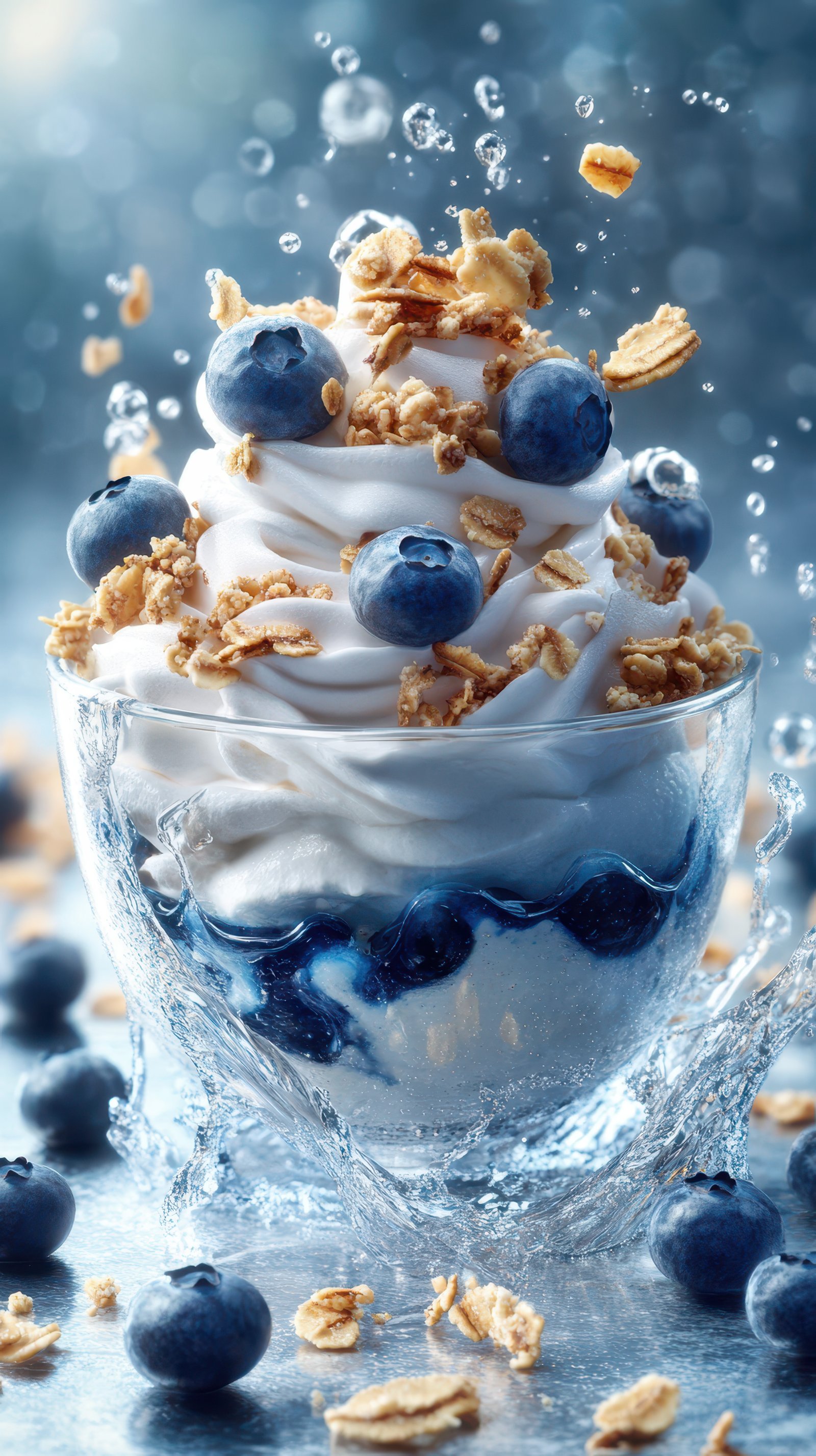 Delicious dessert featuring whipped cream, blueberries, and granola with splashes of water captured in a refreshing display